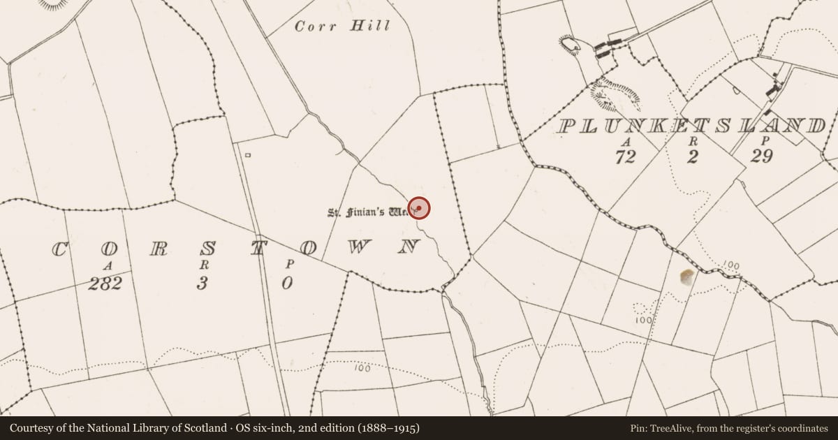 Ordnance Survey six-inch map, 2nd edition (1888–1915) covering the location of Ritual site - holy well, Corstown, County Louth, with a pin at the register's coordinates