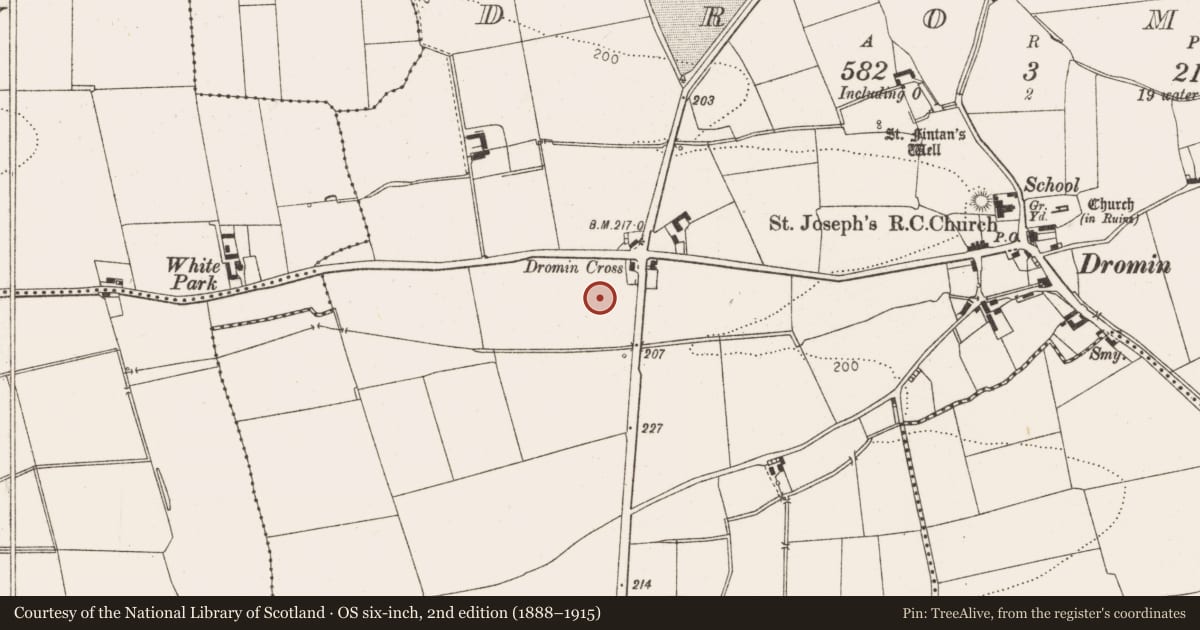 Ordnance Survey six-inch map, 2nd edition (1888–1915) covering the location of Enclosure, Dromin, County Louth, with a pin at the register's coordinates