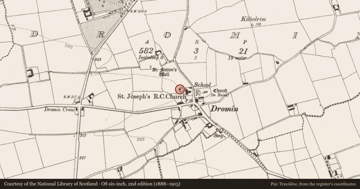 Ordnance Survey six-inch map, 2nd edition (1888–1915) covering the location of Castle - motte, Dromin, County Louth, with a pin at the register's coordinates