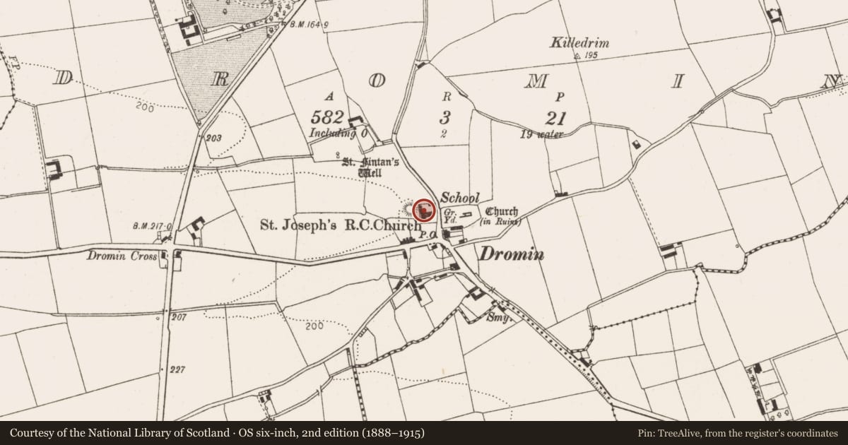 Ordnance Survey six-inch map, 2nd edition (1888–1915) covering the location of Souterrain, Dromin, County Louth, with a pin at the register's coordinates