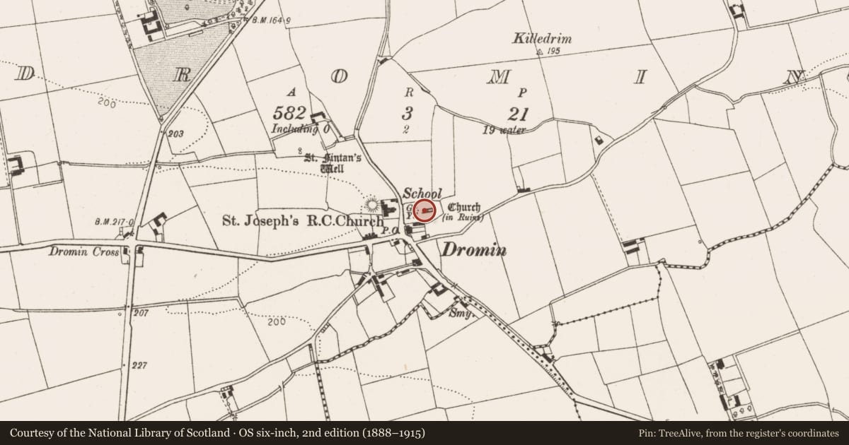 Ordnance Survey six-inch map, 2nd edition (1888–1915) covering the location of Church, Dromin, County Louth, with a pin at the register's coordinates