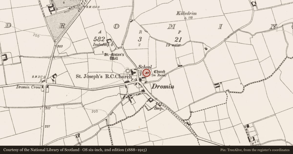 Ordnance Survey six-inch map, 2nd edition (1888–1915) covering the location of Font, Dromin, County Louth, with a pin at the register's coordinates