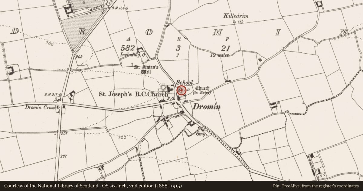 Ordnance Survey six-inch map, 2nd edition (1888–1915) covering the location of Graveyard, Dromin, County Louth, with a pin at the register's coordinates