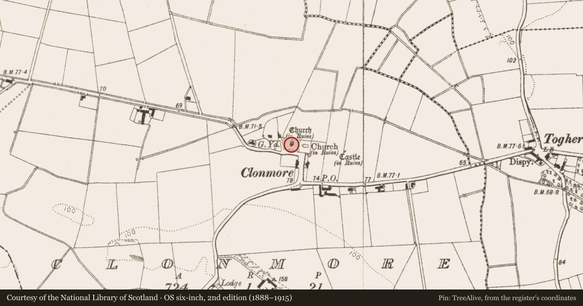 Ordnance Survey six-inch map, 2nd edition (1888–1915) covering the location of Church, Clonmore, County Louth, with a pin at the register's coordinates