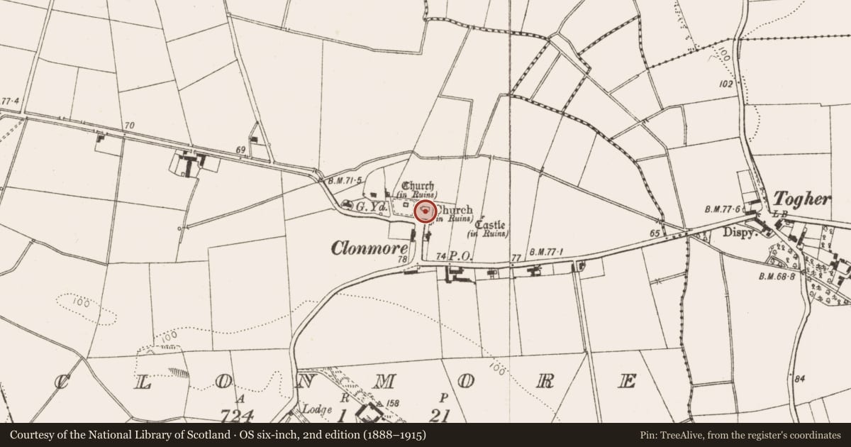 Ordnance Survey six-inch map, 2nd edition (1888–1915) covering the location of Church, Clonmore, County Louth, with a pin at the register's coordinates