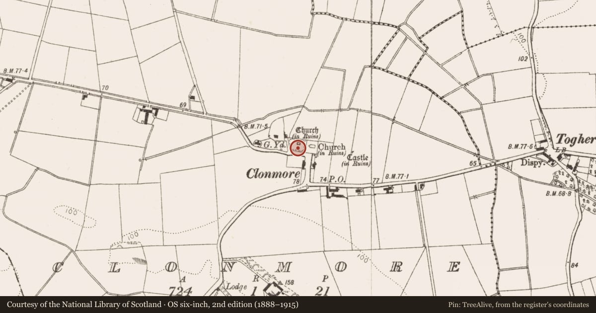 Ordnance Survey six-inch map, 2nd edition (1888–1915) covering the location of Graveyard, Clonmore, County Louth, with a pin at the register's coordinates