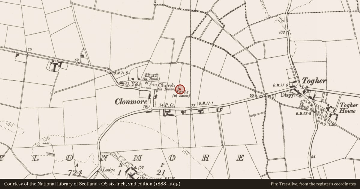 Ordnance Survey six-inch map, 2nd edition (1888–1915) covering the location of Castle - tower house, Clonmore, County Louth, with a pin at the register's coordinates