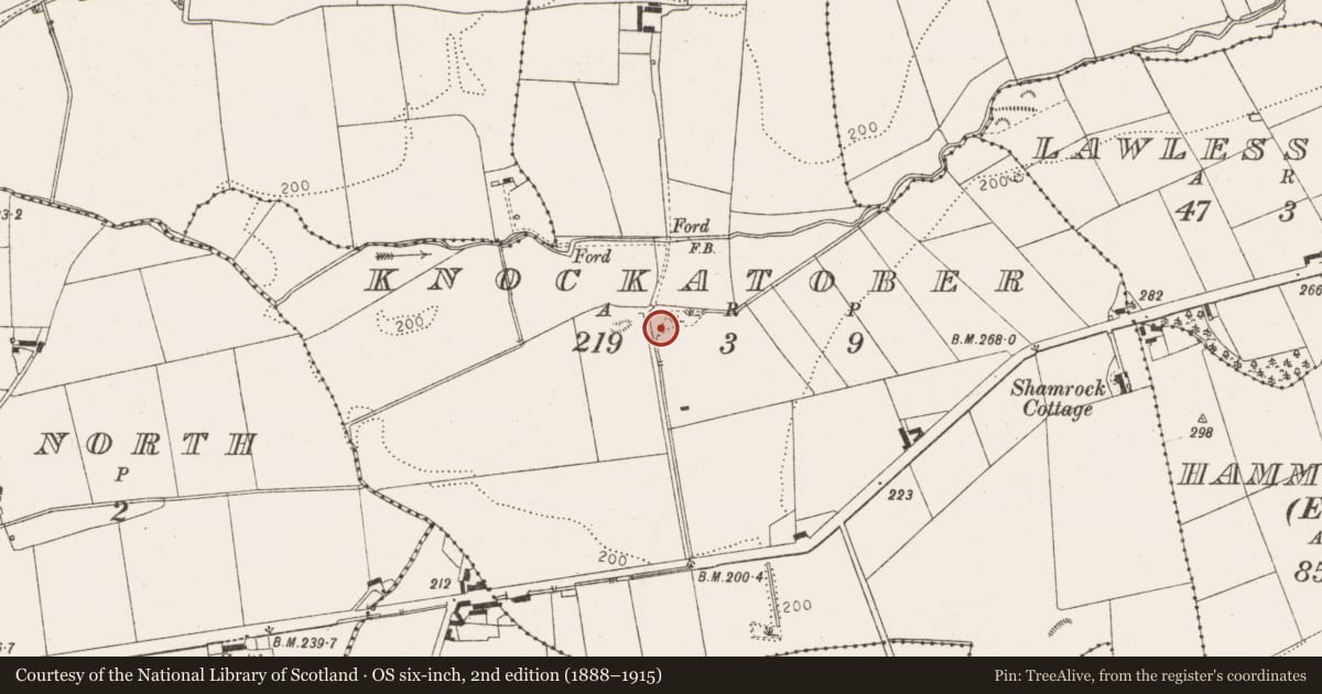 Ordnance Survey six-inch map, 2nd edition (1888–1915) covering the location of Ritual site - holy well, Knockatober, County Louth, with a pin at the register's coordinates