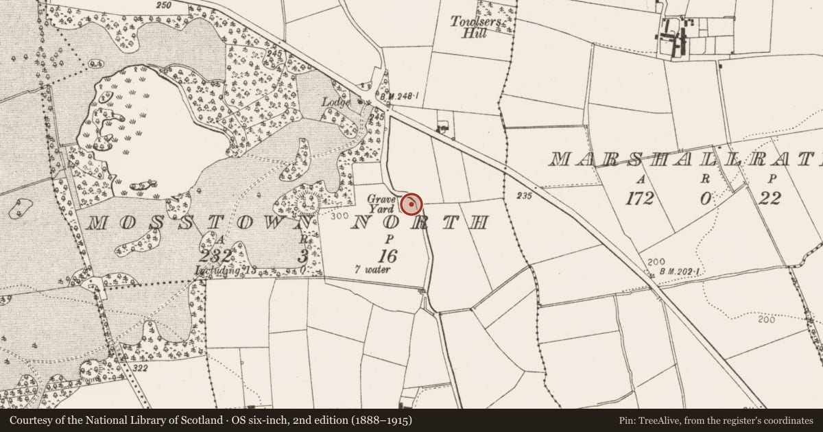 Ordnance Survey six-inch map, 2nd edition (1888–1915) covering the location of Church, Mosstown North, County Louth, with a pin at the register's coordinates