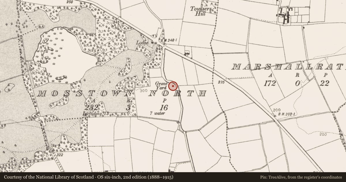 Ordnance Survey six-inch map, 2nd edition (1888–1915) covering the location of Font, Mosstown North, County Louth, with a pin at the register's coordinates