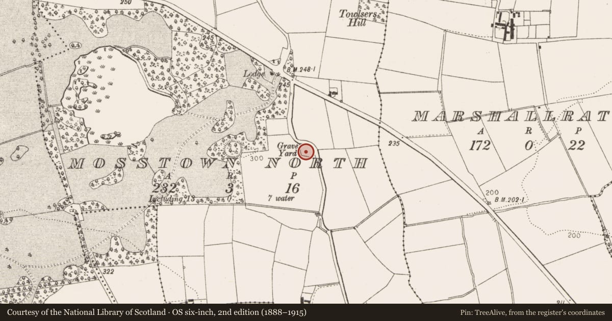 Ordnance Survey six-inch map, 2nd edition (1888–1915) covering the location of Graveyard, Mosstown North, County Louth, with a pin at the register's coordinates
