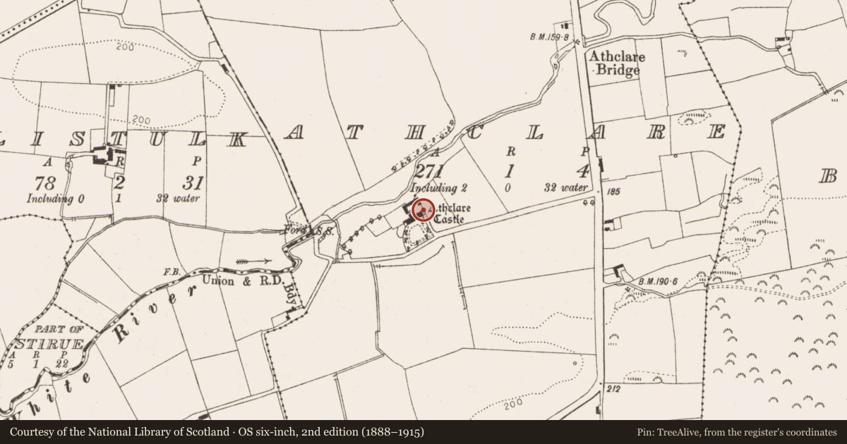 Ordnance Survey six-inch map, 2nd edition (1888–1915) covering the location of Castle - tower house, Athclare, County Louth, with a pin at the register's coordinates