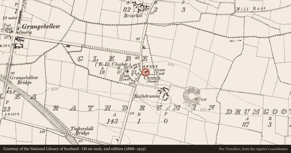 Ordnance Survey six-inch map, 2nd edition (1888–1915) covering the location of Church, Glebe (Ferrard By., Rathdrummin Par.), County Louth, with a pin at the register's coordinates