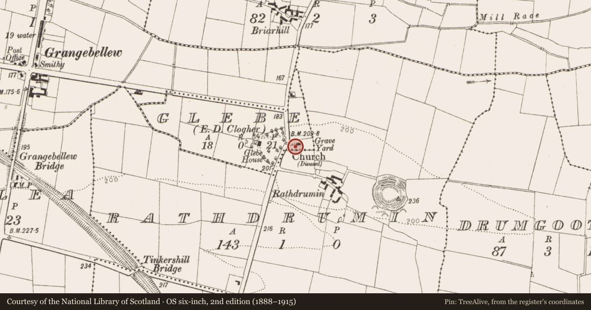 Ordnance Survey six-inch map, 2nd edition (1888–1915) covering the location of Souterrain, Glebe (Ferrard By., Rathdrummin Par.), County Louth, with a pin at the register's coordinates