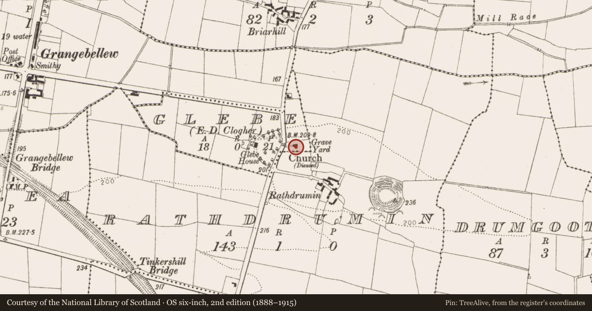 Ordnance Survey six-inch map, 2nd edition (1888–1915) covering the location of Graveyard, Glebe (Ferrard By., Rathdrummin Par.), County Louth, with a pin at the register's coordinates