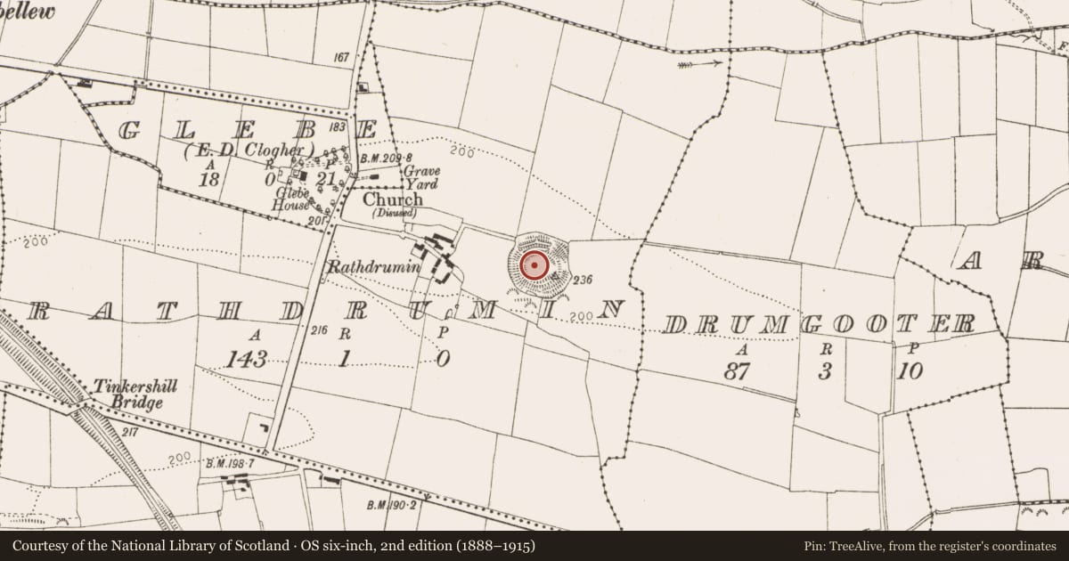 Ordnance Survey six-inch map, 2nd edition (1888–1915) covering the location of Souterrain, Rathdrumin, County Louth, with a pin at the register's coordinates