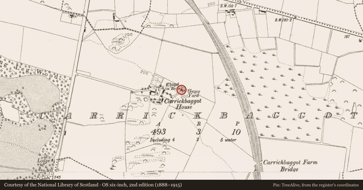 Ordnance Survey six-inch map, 2nd edition (1888–1915) covering the location of Church, Carrickbaggot, County Louth, with a pin at the register's coordinates