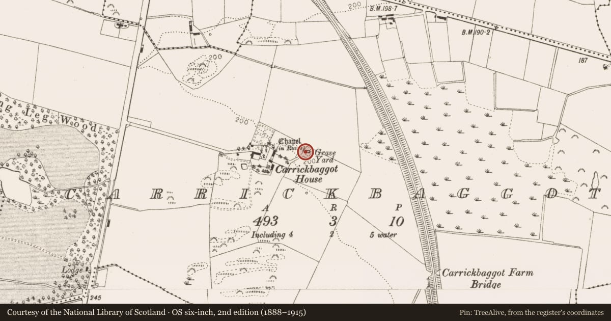 Ordnance Survey six-inch map, 2nd edition (1888–1915) covering the location of Graveyard, Carrickbaggot, County Louth, with a pin at the register's coordinates