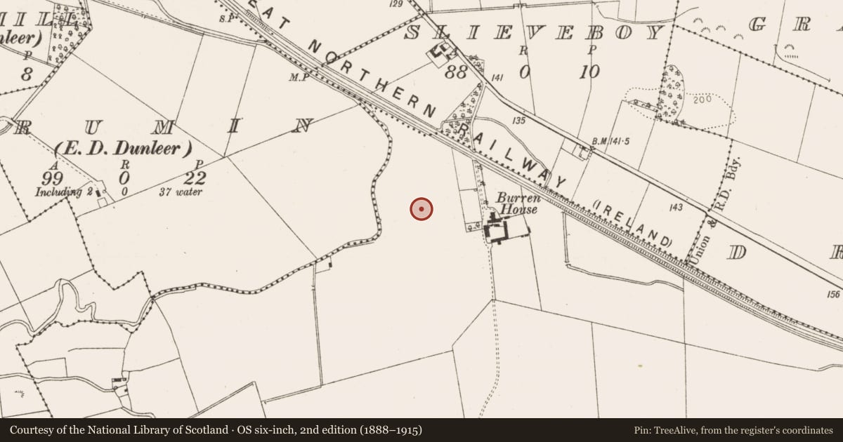 Ordnance Survey six-inch map, 2nd edition (1888–1915) covering the location of Cremation pit, Burren, County Louth, with a pin at the register's coordinates