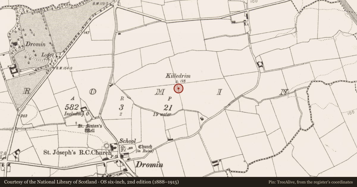 Ordnance Survey six-inch map, 2nd edition (1888–1915) covering the location of Church, Dromin, County Louth, with a pin at the register's coordinates