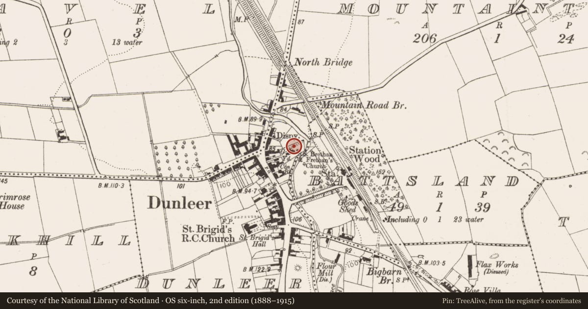 Ordnance Survey six-inch map, 2nd edition (1888–1915) covering the location of Ecclesiastical enclosure, Dunleer, County Louth, with a pin at the register's coordinates