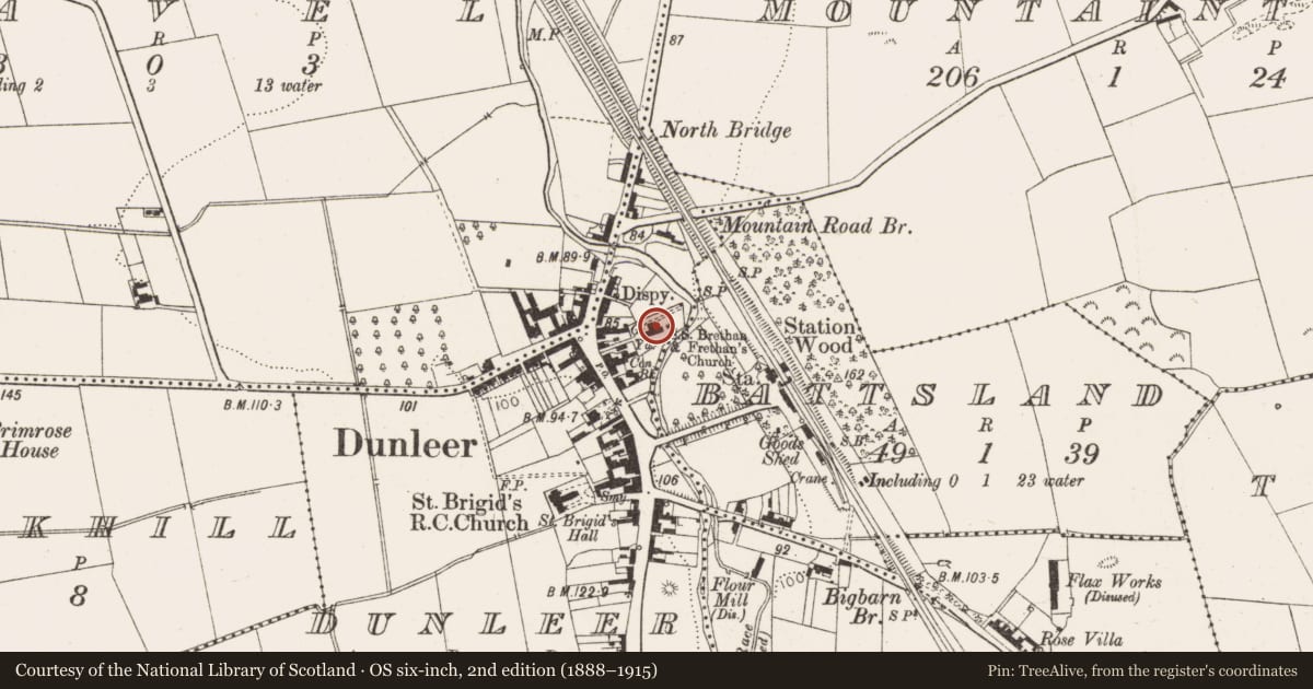Ordnance Survey six-inch map, 2nd edition (1888–1915) covering the location of Church, Dunleer, County Louth, with a pin at the register's coordinates
