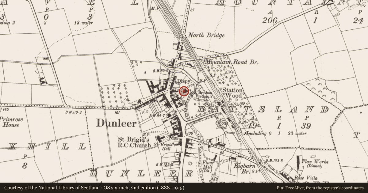 Ordnance Survey six-inch map, 2nd edition (1888–1915) covering the location of Architectural fragment, Dunleer, County Louth, with a pin at the register's coordinates