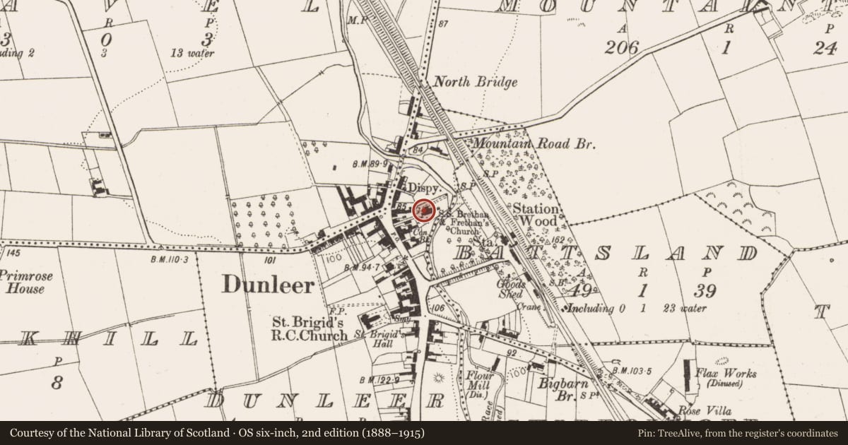 Ordnance Survey six-inch map, 2nd edition (1888–1915) covering the location of Cross-inscribed stone, Dunleer, County Louth, with a pin at the register's coordinates