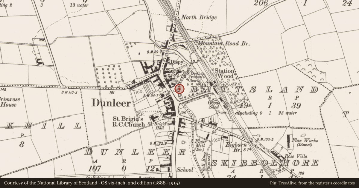 Ordnance Survey six-inch map, 2nd edition (1888–1915) covering the location of Ritual site - holy well, Battsland, County Louth, with a pin at the register's coordinates