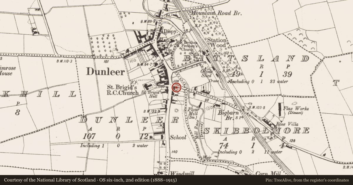 Ordnance Survey six-inch map, 2nd edition (1888–1915) covering the location of Souterrain, Dunleer, County Louth, with a pin at the register's coordinates