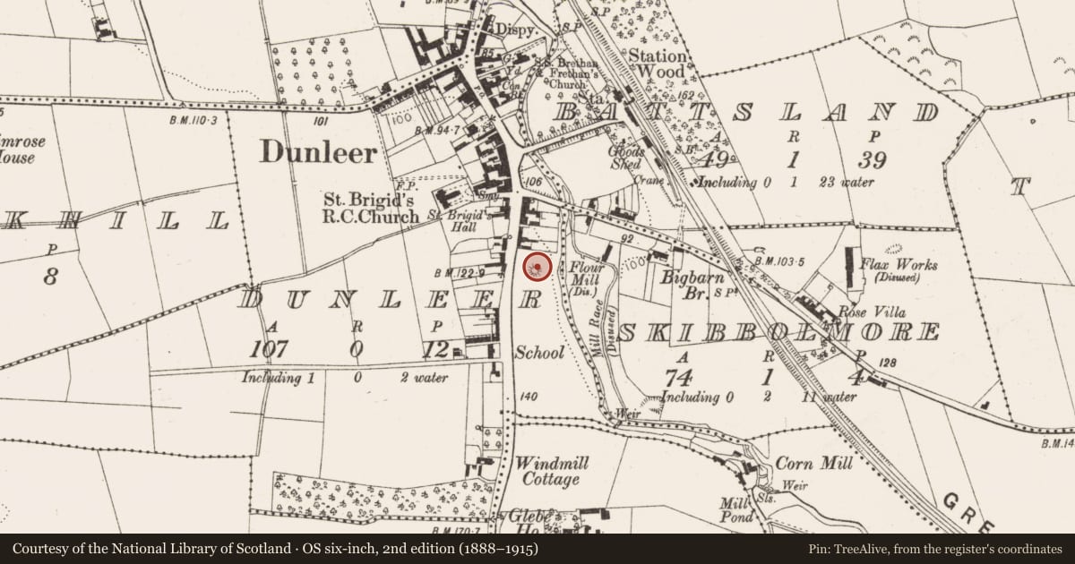 Ordnance Survey six-inch map, 2nd edition (1888–1915) covering the location of Castle - motte, Dunleer, County Louth, with a pin at the register's coordinates