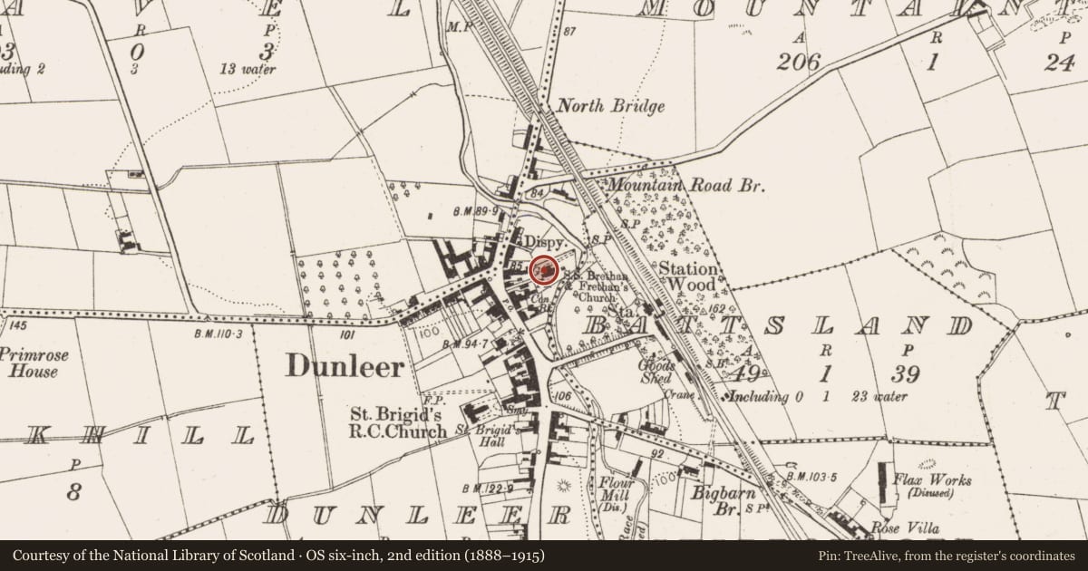 Ordnance Survey six-inch map, 2nd edition (1888–1915) covering the location of Cross-inscribed stone, Dunleer, County Louth, with a pin at the register's coordinates