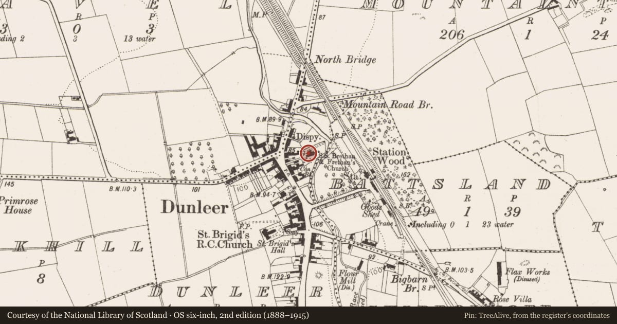 Ordnance Survey six-inch map, 2nd edition (1888–1915) covering the location of Cross-inscribed stone, Dunleer, County Louth, with a pin at the register's coordinates