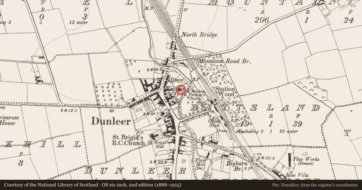 Ordnance Survey six-inch map, 2nd edition (1888–1915) covering the location of Graveslab, Dunleer, County Louth, with a pin at the register's coordinates