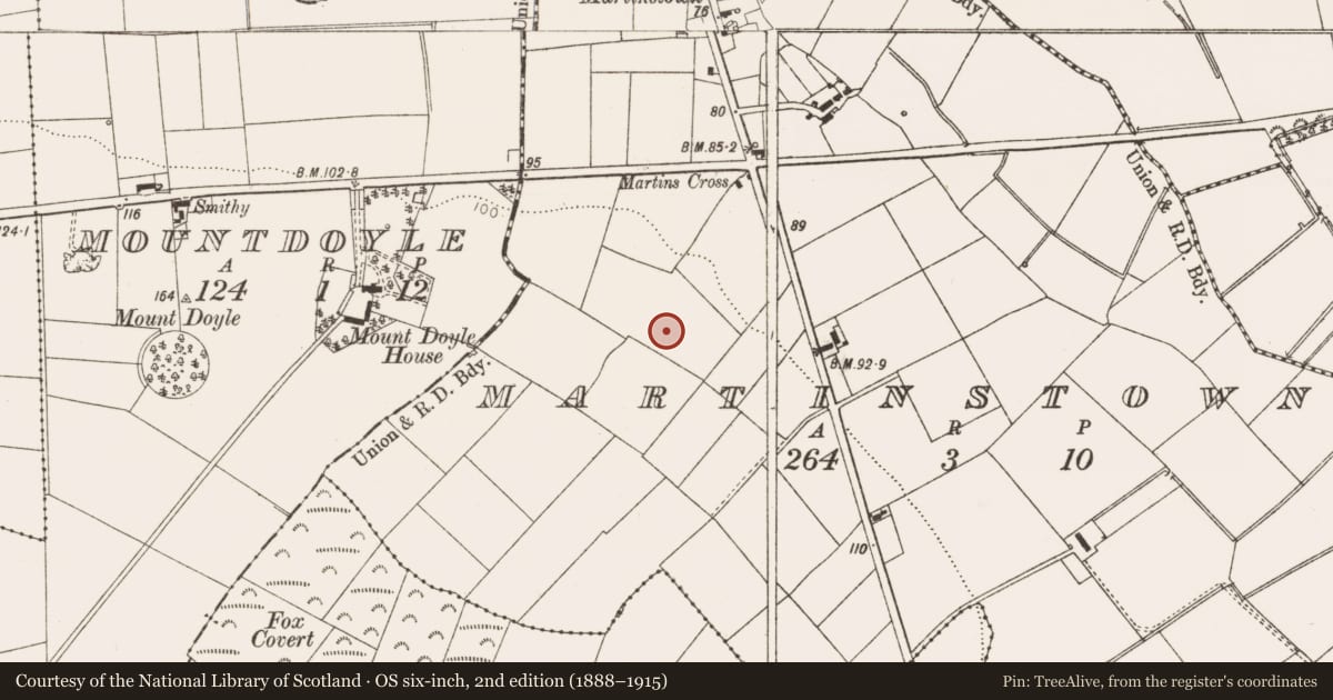 Ordnance Survey six-inch map, 2nd edition (1888–1915) covering the location of Enclosure, Martinstown, County Louth, with a pin at the register's coordinates