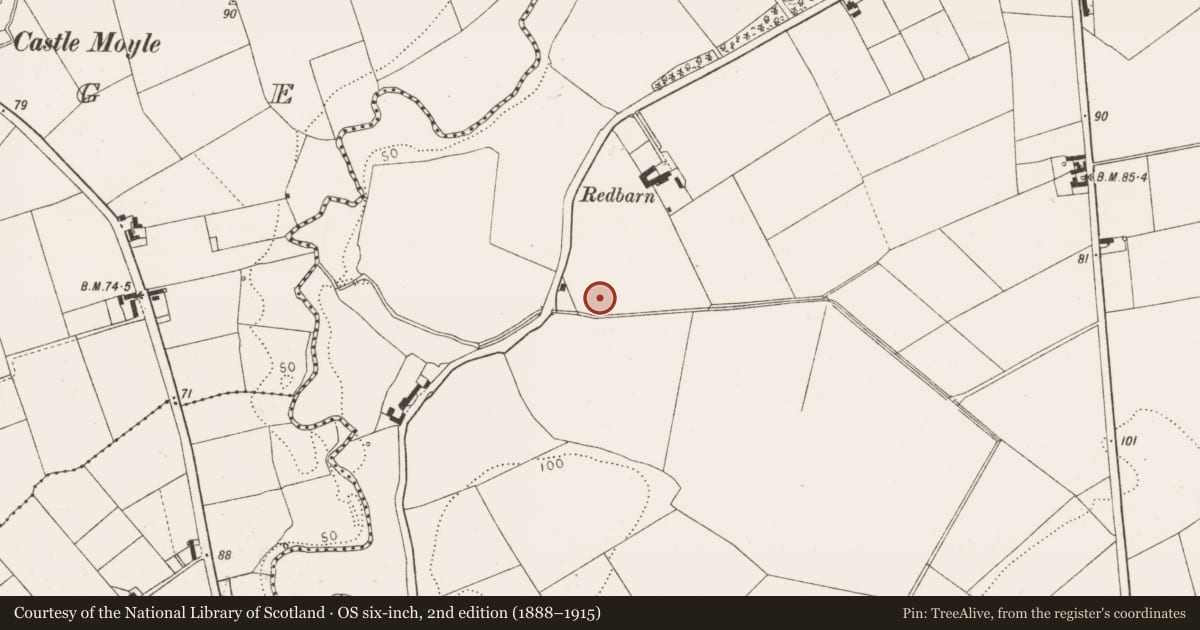 Ordnance Survey six-inch map, 2nd edition (1888–1915) covering the location of Fulacht fia, Drumcar, County Louth, with a pin at the register's coordinates