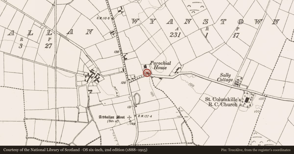 Ordnance Survey six-inch map, 2nd edition (1888–1915) covering the location of Chapel, Wyanstown, County Louth, with a pin at the register's coordinates