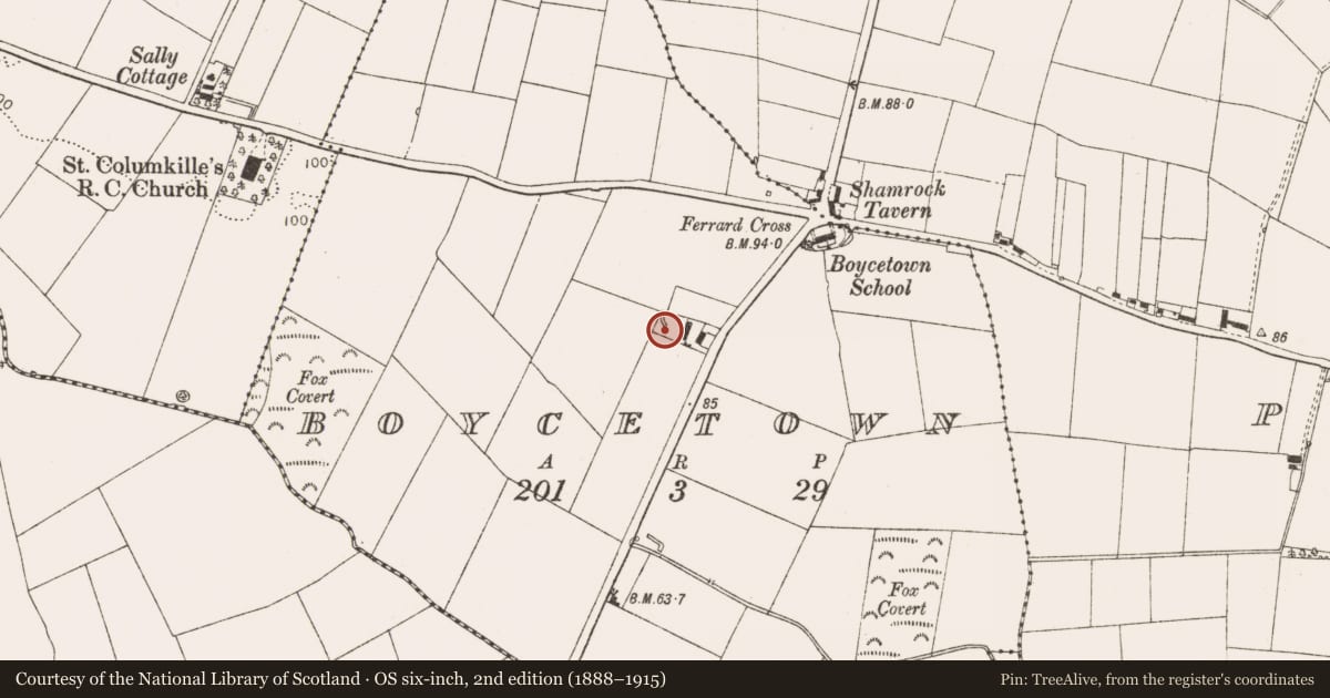 Ordnance Survey six-inch map, 2nd edition (1888–1915) covering the location of Earthwork, Boycetown, County Louth, with a pin at the register's coordinates
