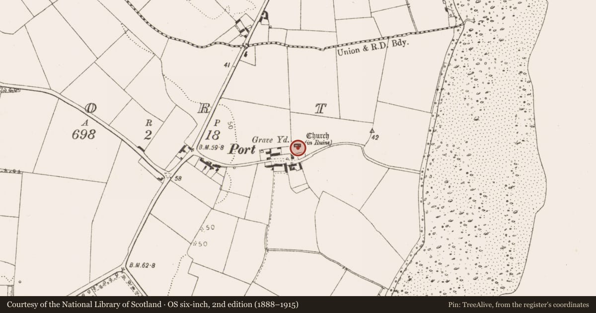 Ordnance Survey six-inch map, 2nd edition (1888–1915) covering the location of Church, Port, County Louth, with a pin at the register's coordinates