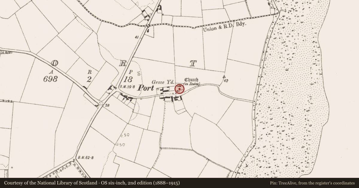 Ordnance Survey six-inch map, 2nd edition (1888–1915) covering the location of Graveyard, Port, County Louth, with a pin at the register's coordinates