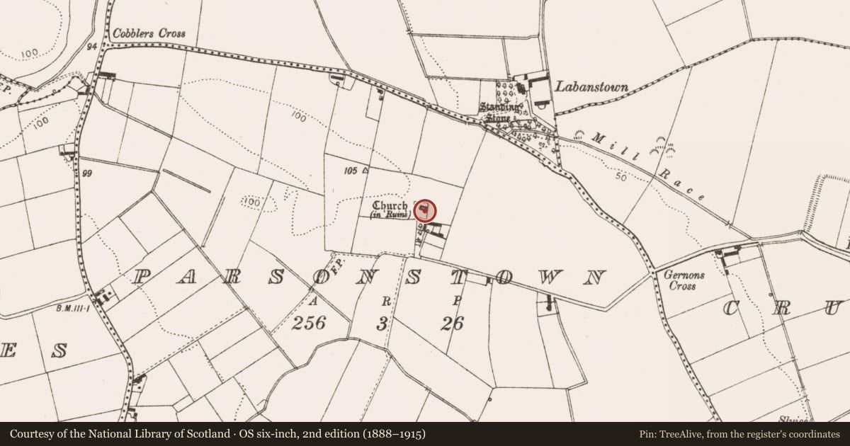 Ordnance Survey six-inch map, 2nd edition (1888–1915) covering the location of Church, Parsonstown, County Louth, with a pin at the register's coordinates