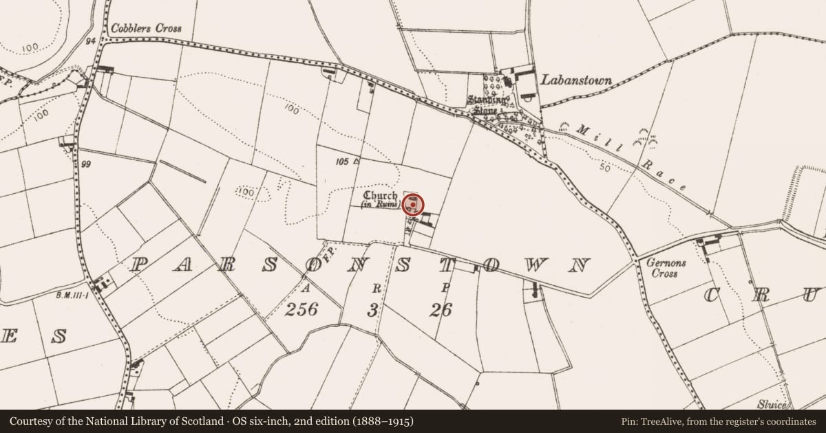 Ordnance Survey six-inch map, 2nd edition (1888–1915) covering the location of Graveyard, Parsonstown, County Louth, with a pin at the register's coordinates