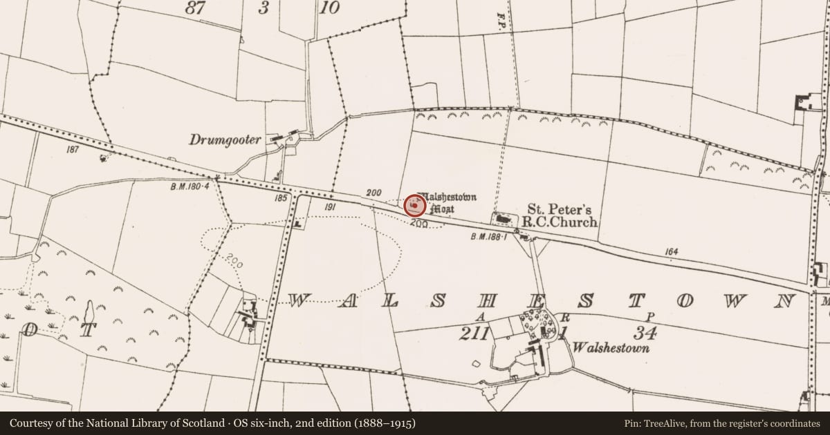 Ordnance Survey six-inch map, 2nd edition (1888–1915) covering the location of Mound, Walshestown, County Louth, with a pin at the register's coordinates