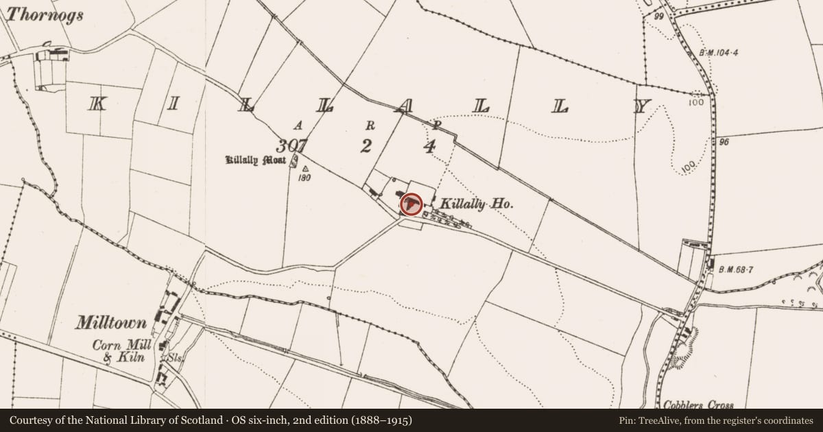 Ordnance Survey six-inch map, 2nd edition (1888–1915) covering the location of House - 18th/19th century, Killally, County Louth, with a pin at the register's coordinates