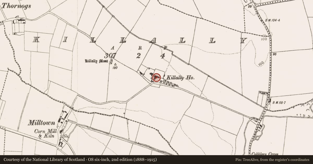 Ordnance Survey six-inch map, 2nd edition (1888–1915) covering the location of Ecclesiastical site, Killally, County Louth, with a pin at the register's coordinates