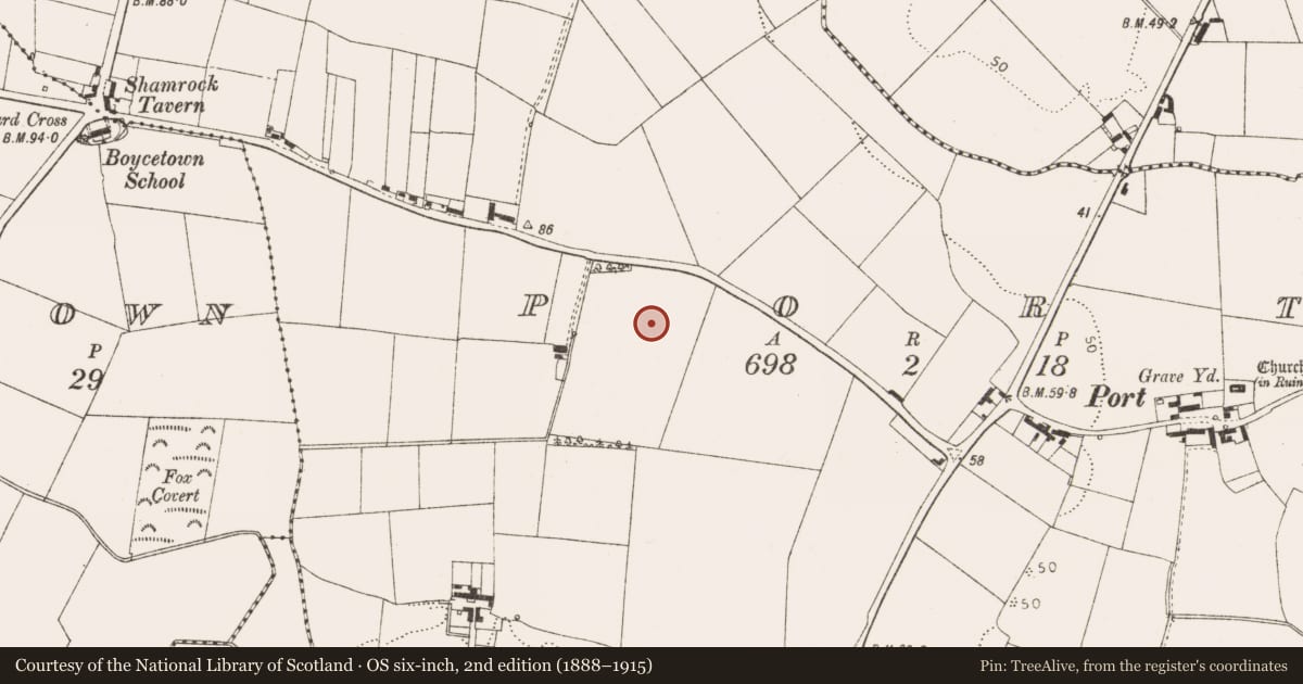Ordnance Survey six-inch map, 2nd edition (1888–1915) covering the location of Ringfort - rath, Port, County Louth, with a pin at the register's coordinates