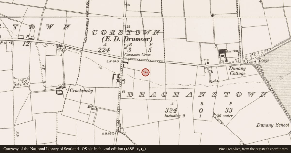 Ordnance Survey six-inch map, 2nd edition (1888–1915) covering the location of Enclosure, Draghanstown, County Louth, with a pin at the register's coordinates