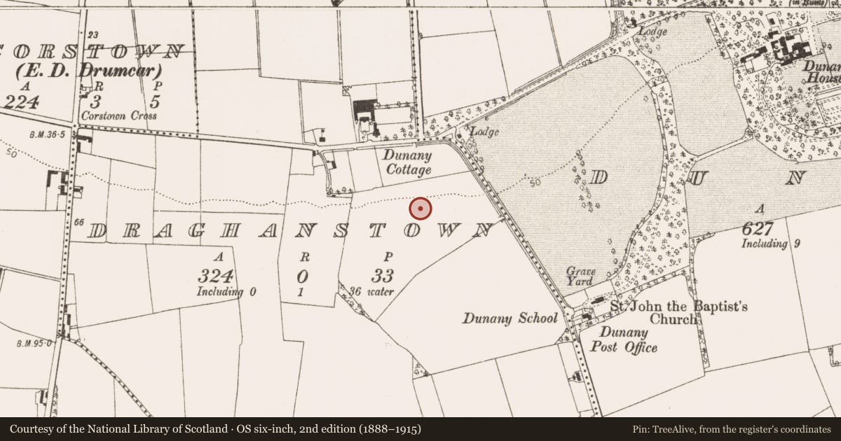 Ordnance Survey six-inch map, 2nd edition (1888–1915) covering the location of Enclosure, Draghanstown, County Louth, with a pin at the register's coordinates