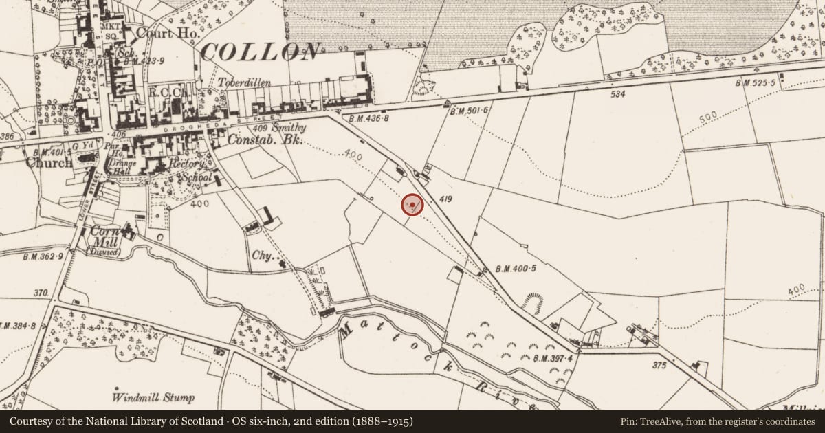 Ordnance Survey six-inch map, 2nd edition (1888–1915) covering the location of Souterrain, Collon, County Louth, with a pin at the register's coordinates