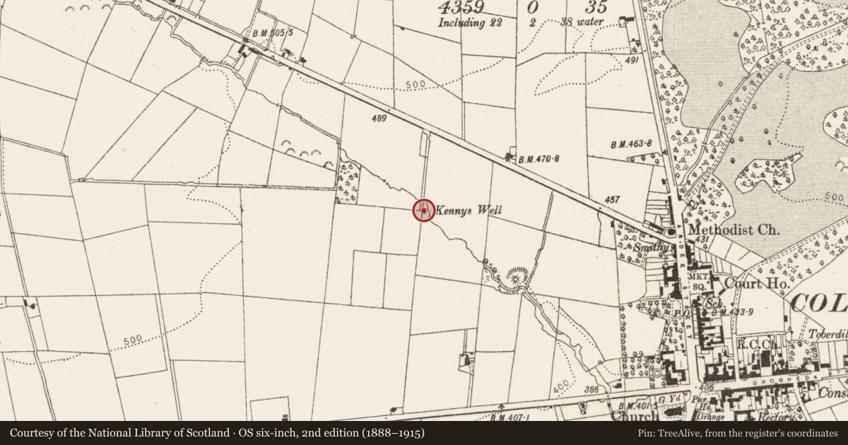 Ordnance Survey six-inch map, 2nd edition (1888–1915) covering the location of Ritual site - holy well, Collon, County Louth, with a pin at the register's coordinates